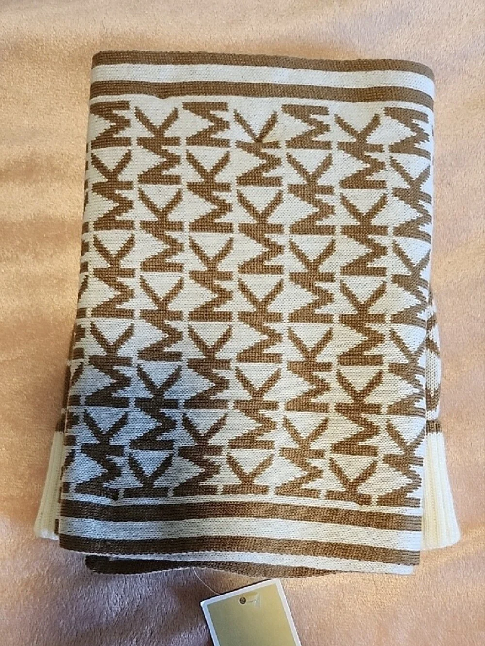 Michael Kors Camel And White Logo Knit Hat And Scarf Set NWT Luxury Warm Chic